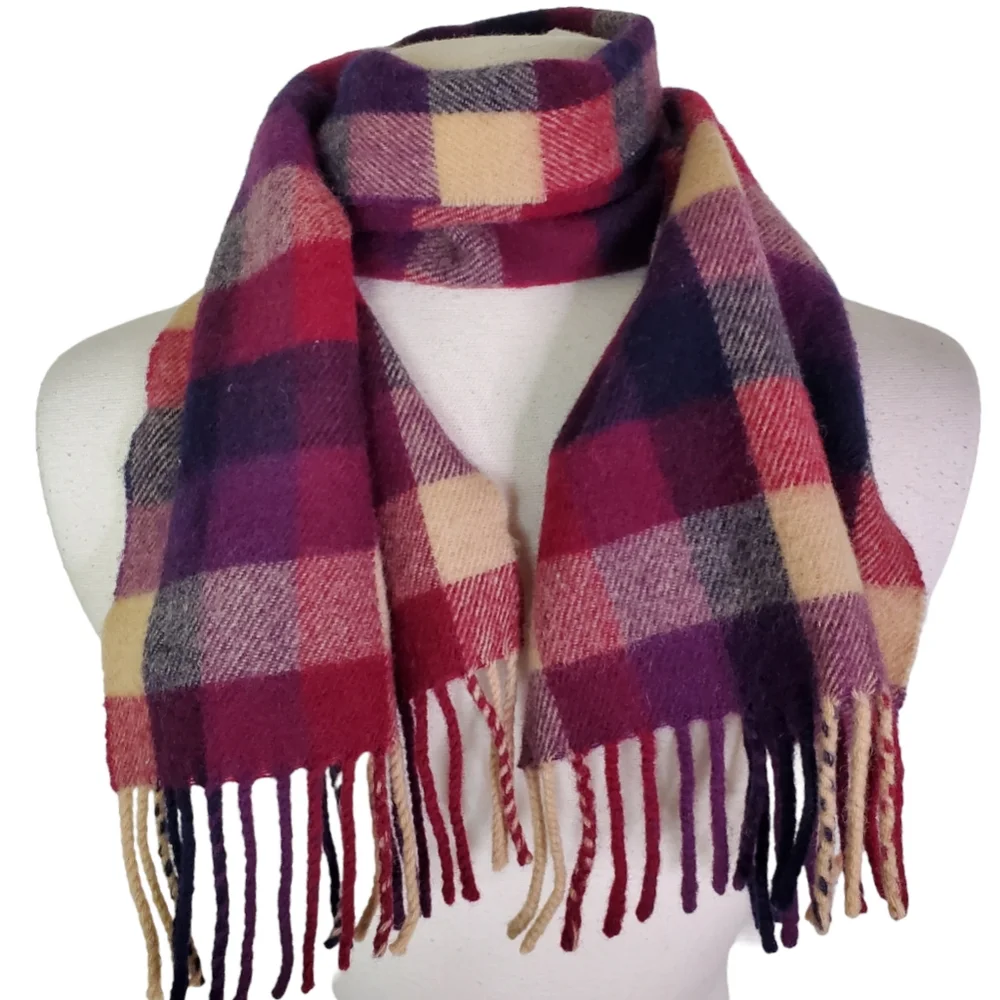 Maban of Scotland Plaid Fringe Scarf Pure New Lambswool Burgundy Black Tan
